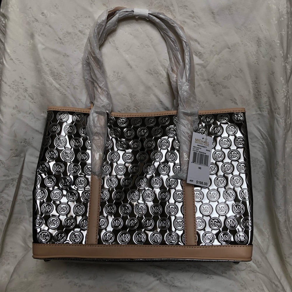 NWT Michael Kors metallic nickel patent tote